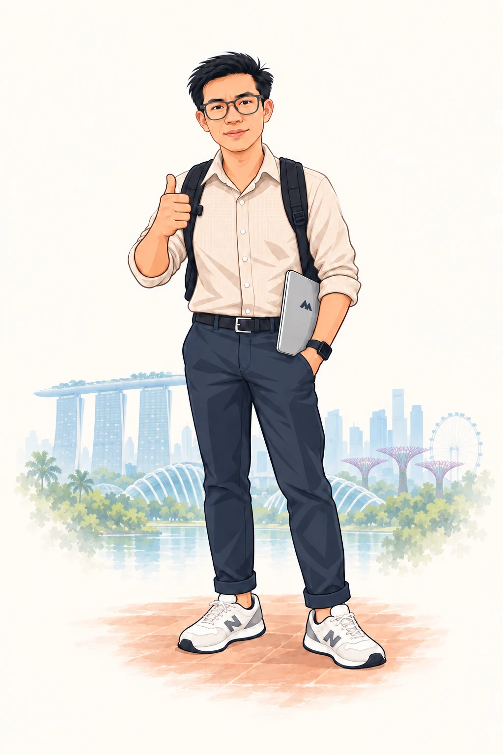 Illustration of Jin Chua with Marina Bay Sands and Gardens by the Bay in a soft Singapore landscape